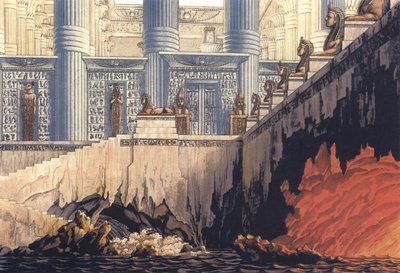 Szenenentwurf zu Mozarts Zauberflöte, Feuer- und Wasserprobe von Unbekannt Unbekannt